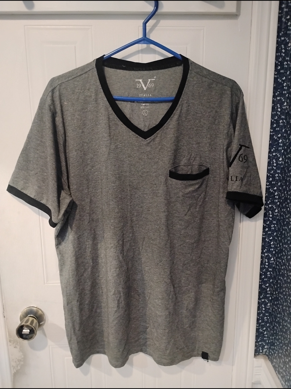 Versus Versace Gray V-Neck Short Sleeve Tee with Black Trim